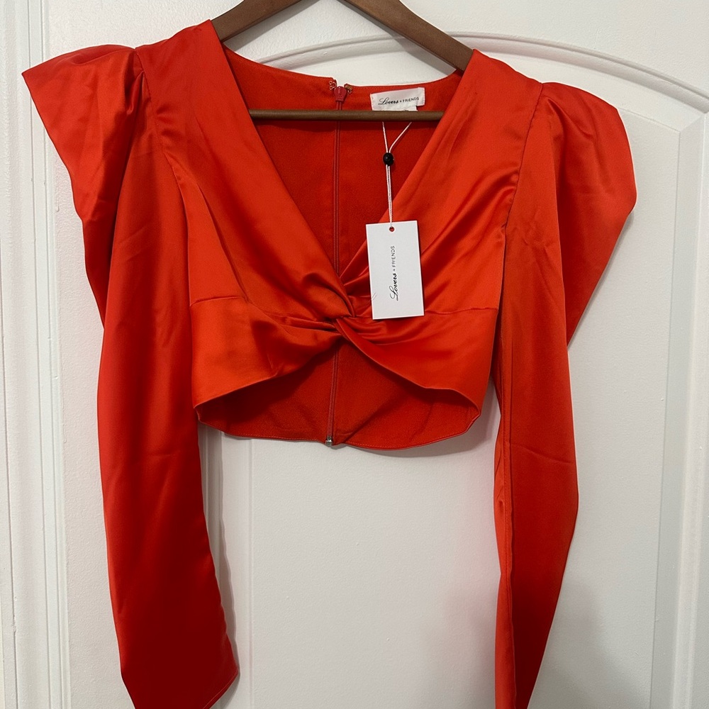 Lovers + Friends Red Satin Twist-Knot Crop Top